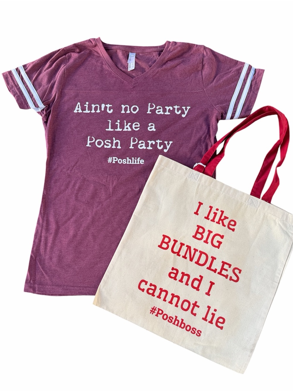 Posh Party Maroon V-Neck Tee with Cream Tote Bag - Set